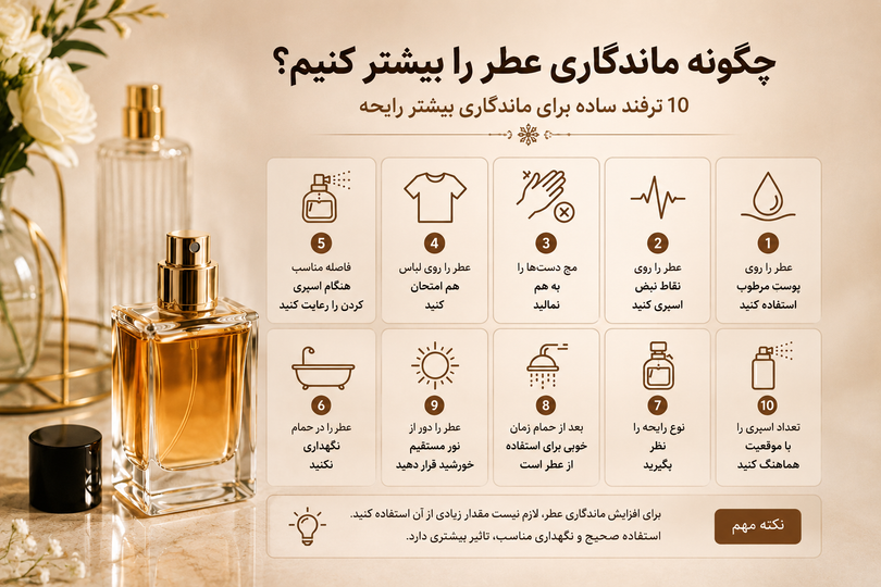 چگونه ماندگاری عطر را بیشتر کنیم؟ ۱۰ ترفند ساده برای ماندگاری بیشتر رایحه