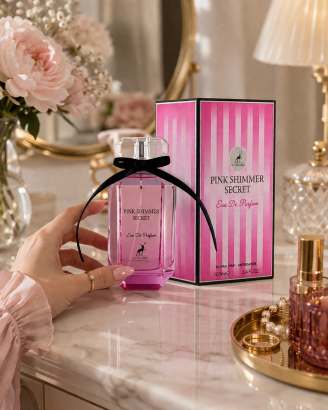 ادکلن زنانه اماراتی اورجینال الحمبرا پینک سکرت (Pink Secret) رایحه الهام گرفته از ویکتوریا سکرت بامب شل | 100 میل